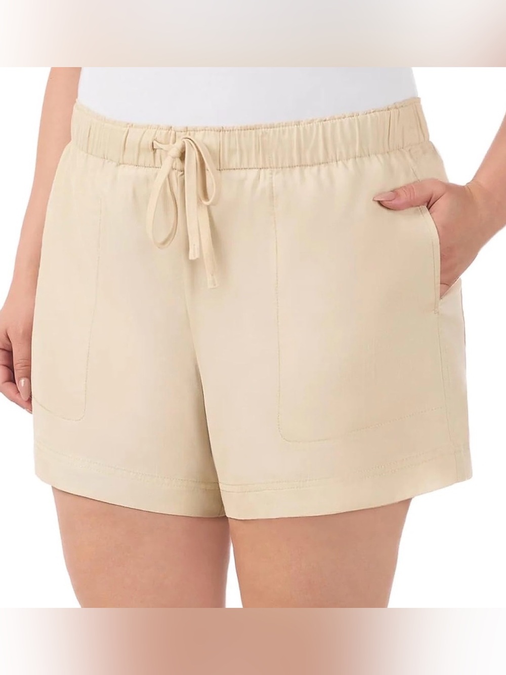 Hilary Radley tan lightweight Drawstring Patch-Pocket Shorts pull on tencel M